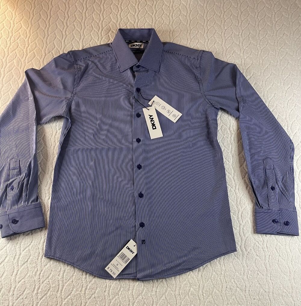 DKNY Sz S LT BLUE  & NAVY LONG SLEEVE SHIRT SLIM FIT-STRETCH